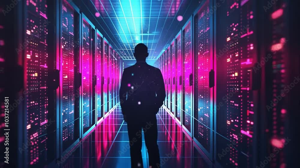 Poster a person stands silhouetted against colorful server racks in a data center, showcasing high-tech lig