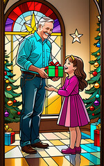 little girl surprises dad gift near christmas tree home big smile face happy family