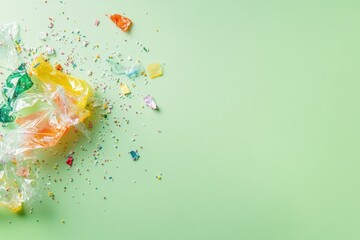 Microplastic particles detaching from a colorful candy wrapper on a green background