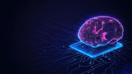 Brain-shaped chipset with glowing circuitry extending from the core, electric pulses visible, deep blue and purple tones Ideal for AI and tech advancement