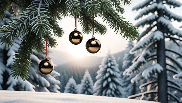 metallic balls hang evergreen branches snowy forest setting amidst frosty winter scenery
