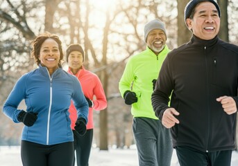 Obraz premium Group of athletes is running in a snowy park on a sunny winter day
