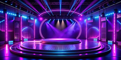 Empty Double Round Stage with Purple Neon Lights for Event and Performance Background