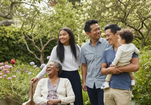 Multi-generational family is laughing and having fun together in a garden