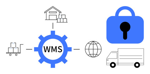 WMS gear with icons for warehouse, lock, globe, delivery and cart. Ideal for logistics, supply chain, automation, global trade, and security. Modern, clean, vector style