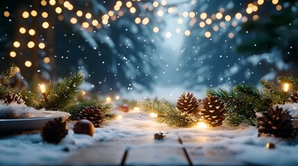Naklejka premium Pine Cones, Evergreen Branches, and Fairy Lights on Snow-Covered Ground