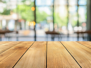 Empty old wood table top and blurred bokeh cafe and coffee shop interior background with vintage filter - can used for display or montage your products