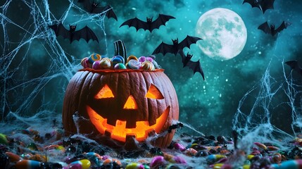 A candy-filled jack-o-lantern surrounded by bats and cobwebs under the full moon s eerie glow.