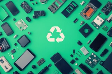 Electronic waste with recycling symbol promoting environmental awareness through responsible disposal and circular economy practices