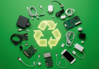 Electronic waste surrounding a recycling symbol, promoting responsible disposal and circular economy for electronic devices