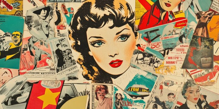 Naklejki Eclectic retro collage art with vintage magazines and pop culture icons. Vintage pop art collage featuring retro women and comic elements