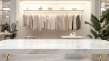 Sleek marble table in the foreground of a stylish clothing store, with a blurred background of hanging apparel and racks.