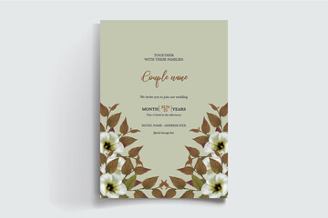 WEDDING INVITATION FRAME WITH FLOWER DECORATIONS AND FRESH LEAVES 