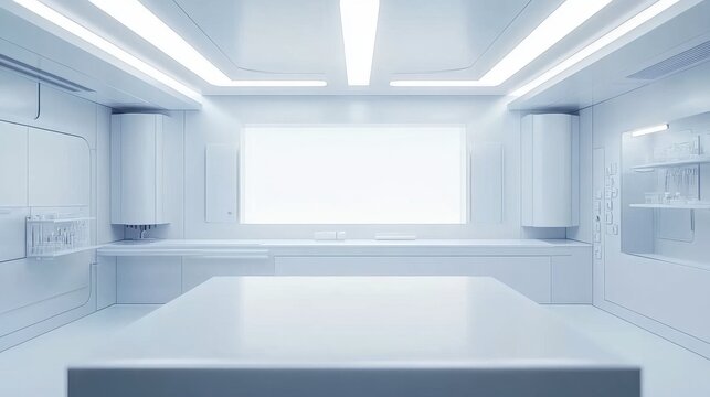 Sleek, sterile laboratory setting with an empty white surface, perfect for showcasing scientific tools or health products.