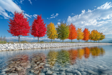 Naklejka premium A row of red, orange, green, colorful trees standing on white pebbles, reflected in clear water