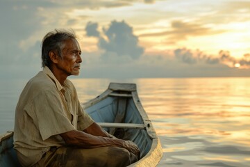 Fototapeta premium Fisherman is taking a peaceful moment on his boat as the sun sets over the water