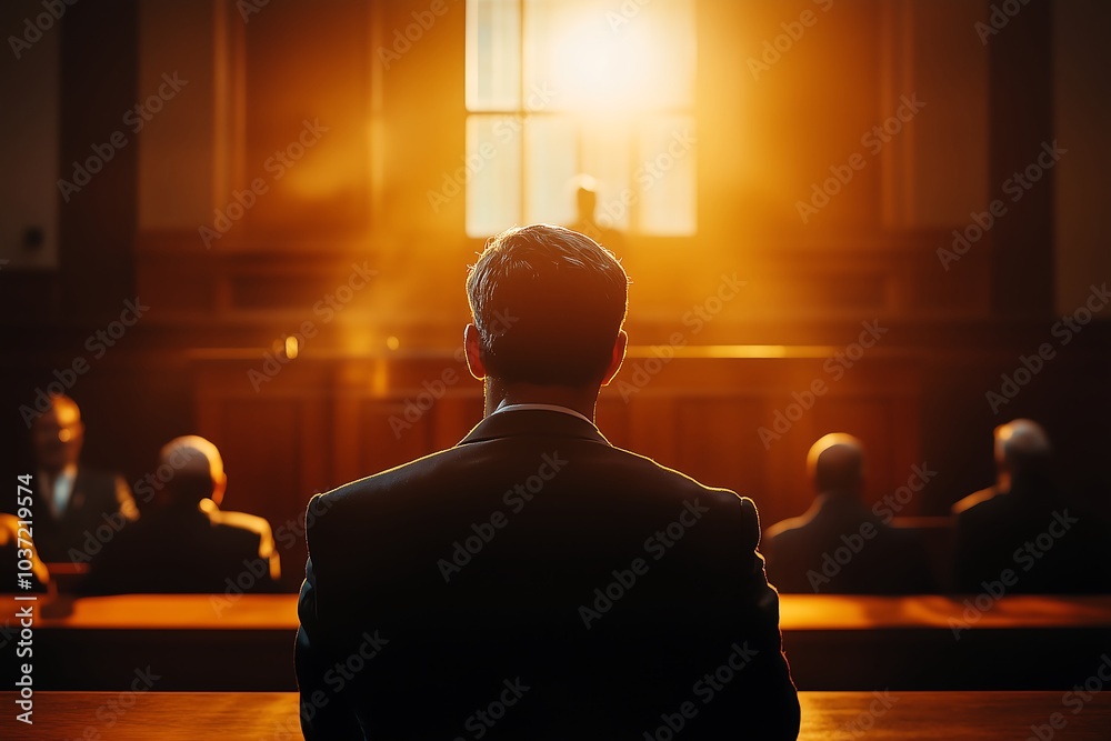 Wall mural a lawyer sits in a courtroom facing a jury, the sunlight streaming through the window.