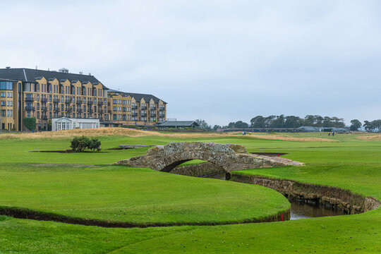 The famous Swilcan bridge on the 18th hole of the Old Course links in St Andrews, Scotland