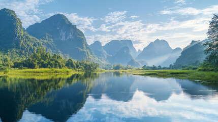 Fototapeta premium A riverbank with a picturesque view of mountains in the background, reflecting in the water.