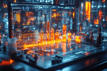 Obraz premium A futuristic interface displaying glowing data and bottles, suggesting advanced technology.