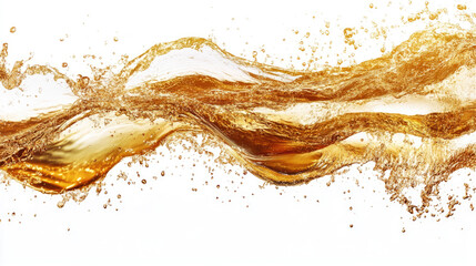 Dynamic splash of golden liquid capturing fluid motion against white background
