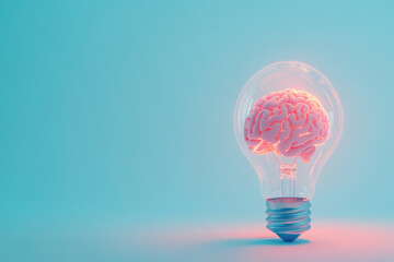 Innovative brain inside lightbulb on blue background symbolizing creativity and ideas