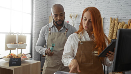 Man and woman working together in a bakery, organizing pastries and utilizing a tablet for managing...