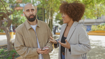 An interracial couple conversing in a sunny urban park, with the man holding a smartphone and the woman gesturing.