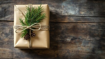 Rustic Brown Paper Gift Box with Pine Sprigs and Twine