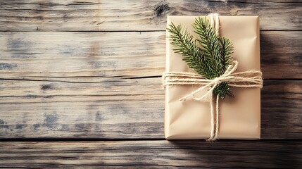 Rustic Brown Gift Box with Evergreen Branch on Wooden Surface