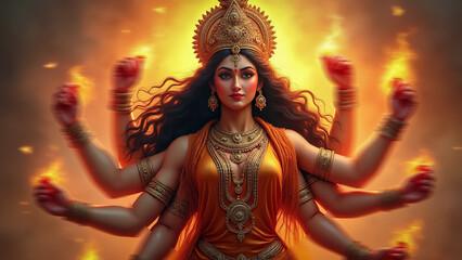 Fototapeta premium Durga Powerful Goddess with Multiple Arms in Fiery Background