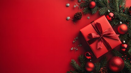 Red Christmas Gift Box with Ornaments and Pine Branches