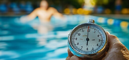 Close-up of a stopwatch being held in front of a swimmer in a pool.
