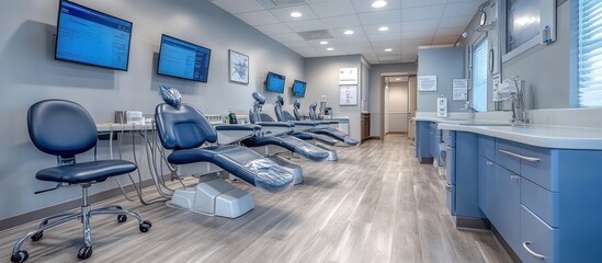 Modern dental clinic interior with treatment chairs and monitors.