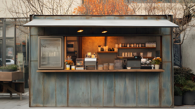 small street vendor booth made from metal panels, featuring rustic design with warm lighting and welcoming atmosphere. booth is adorned with plants and offers cozy spot for customers