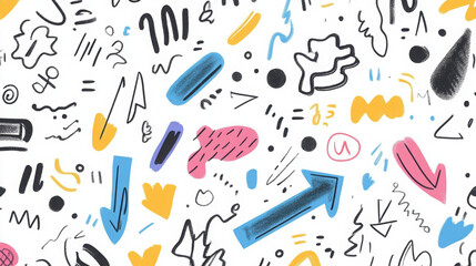Joyful Doodle Pattern: A vibrant, playful seamless pattern featuring a colorful explosion of hand-drawn doodles, arrows, and abstract shapes.