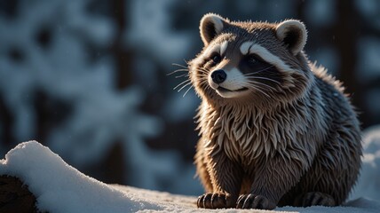 Obraz premium A cute raccoon sitting on a snowy ground, looking up and smiling.