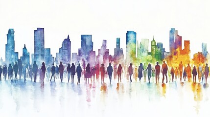 Watercolor painting of a bustling city skyline with a diverse group of people walking along the streets, set against a bright sky.