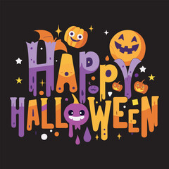 Vibrant Halloween Artwork with Dripping Text, Bats, and Pumpkins, Colorful Halloween Graphic with Dripping Letters, Pumpkins, and Ghosts