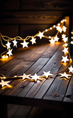 rustic wooden table decorated christmas stars string lights