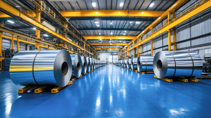 Industrial steel coils in modern warehouse with blue flooring and yellow support beams