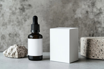 Minimalist skincare product with blank label and geometric stones on gray background