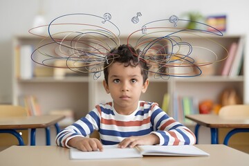 A young child sitting in a classroom with colorful swirling lines and symbols circling their head, symbolizing an overactive and distracted mind.