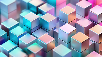 Obraz premium Modern Abstract background 3D isometric grid of cubes with shadow rainbow spectrum effects and metallic textures
