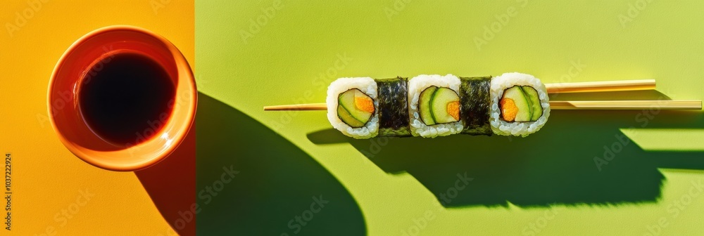 Poster Enjoy a fresh sushi roll filled with cucumber, accompanied by soy sauce and chopsticks against a colorful background with shadows. Generative AI
