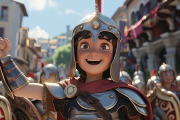 young warrior wearing shiny armor smiles joyfully while raising his hand leading a troop of soldiers through a bustling ancient city adorned with colorful flags.