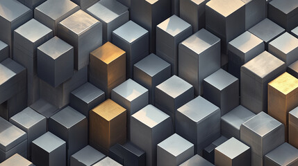 Obraz premium Modern Abstract background 3D isometric grid of cubes with shadow metallic Gold and Bronze effects and metallic textures. 