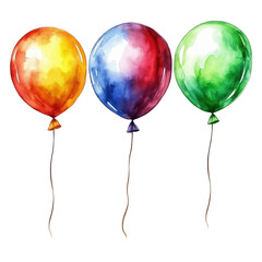 Colourful Watercolour Balloons Set with Strings Isolated on Transparent Background