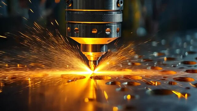 A laser cutter cuts through metal, creating a shower of sparks