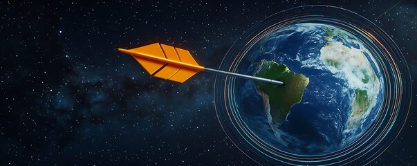 Naklejka premium An orange arrow is shown piercing the Earth in space with a starry background.